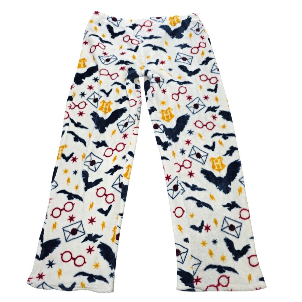 Harry Potter Fleece Pajama Pants Women's Size L 12-14 White Hedwig Glasses Print